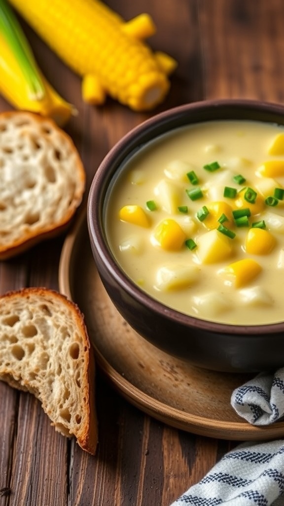 A bowl of creamy corn chowder with corn and potatoes, garnished with chives, on a rustic table with bread.